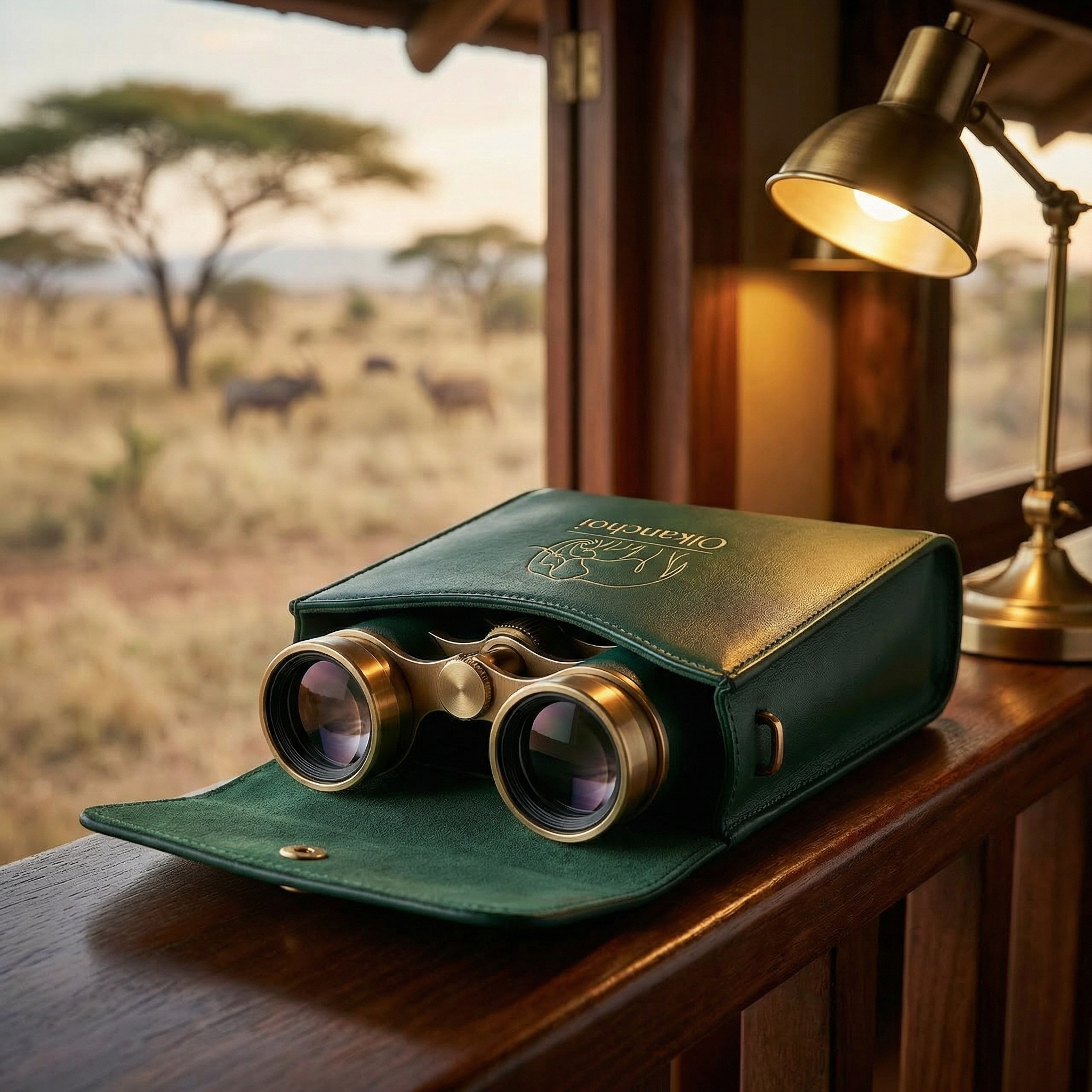 Olkanchoi binoculars in green leather case on teak lodge desk