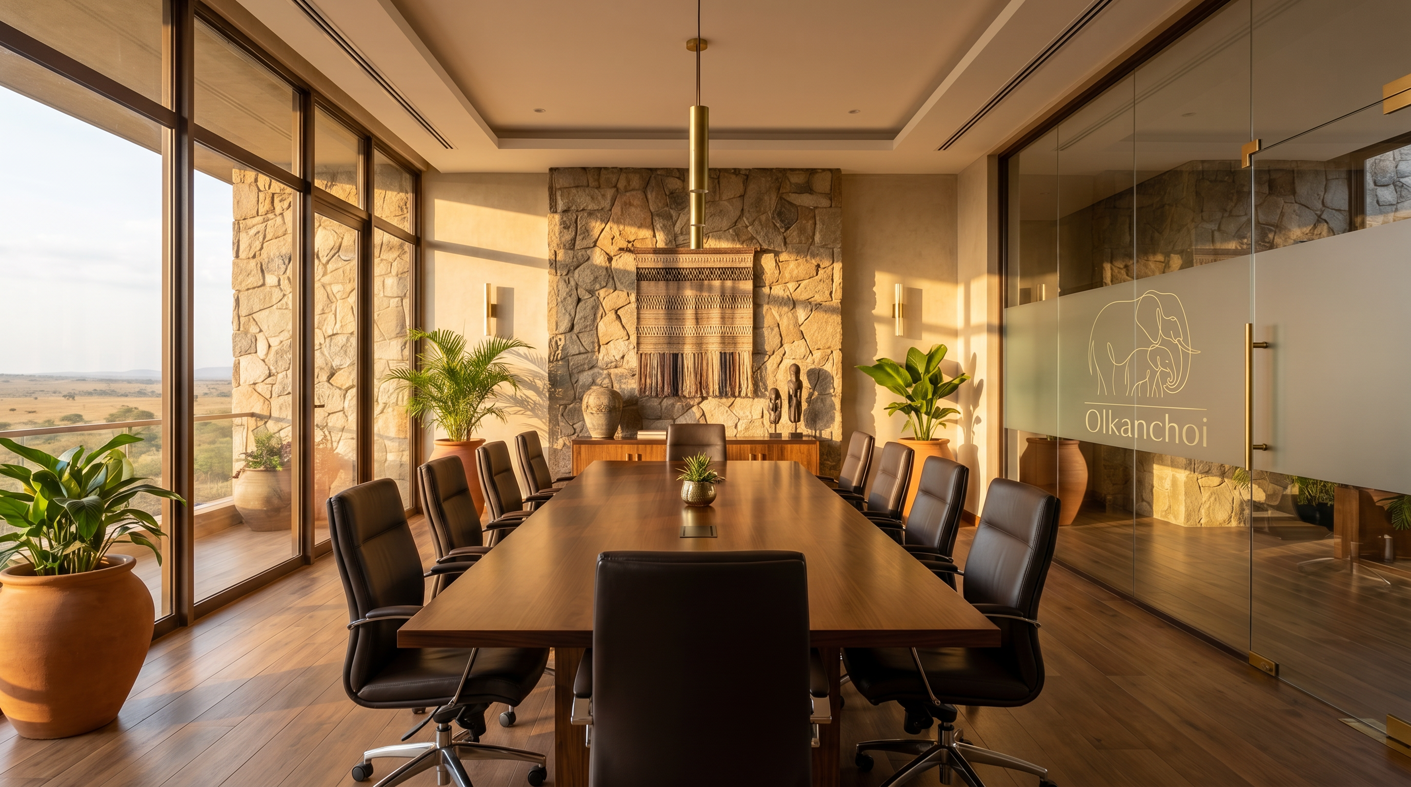 Olkanchoi boardroom at golden hour — stone wall, woven textile and savanna views beyond