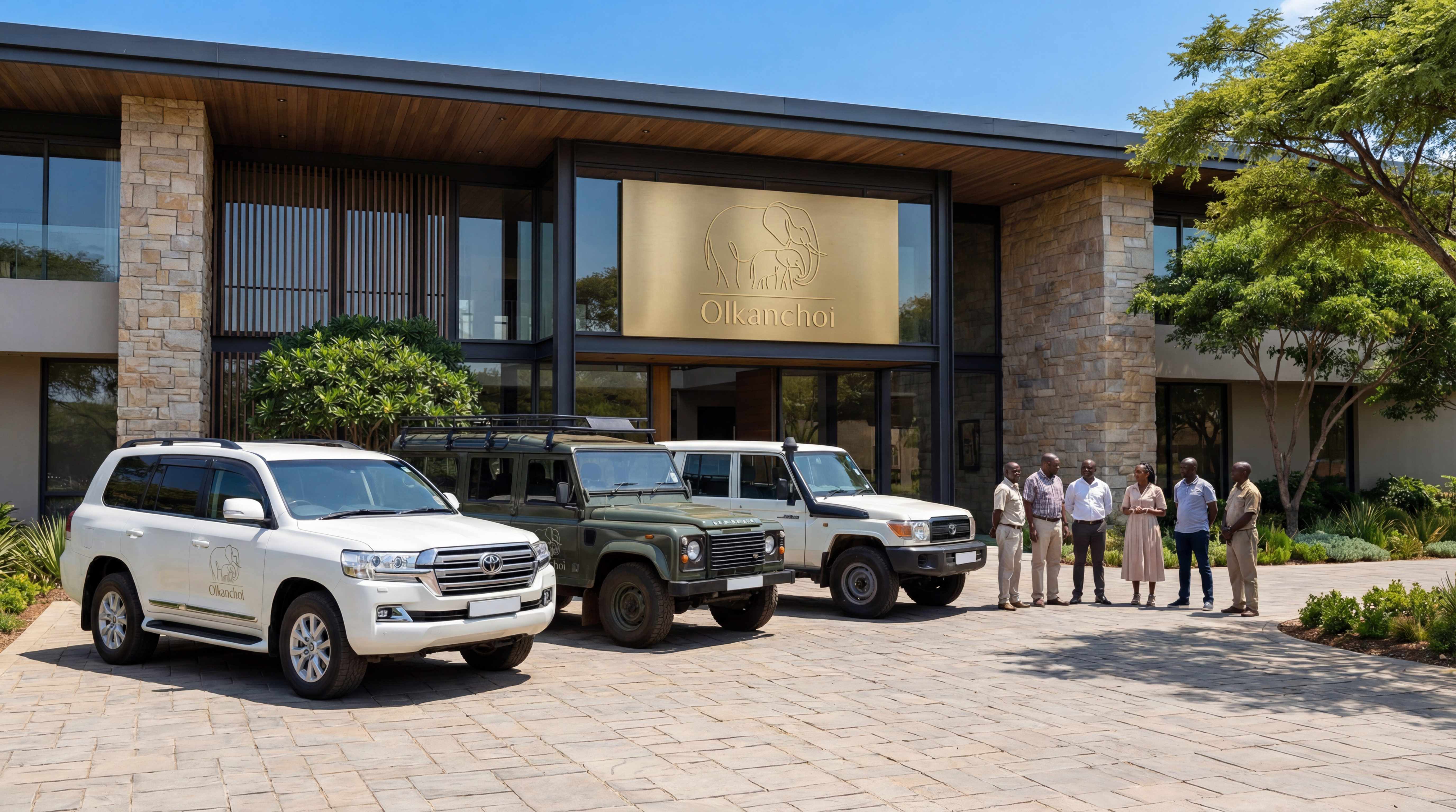 The Olkanchoi Journeys team gathered outside the Nairobi base with the safari fleet