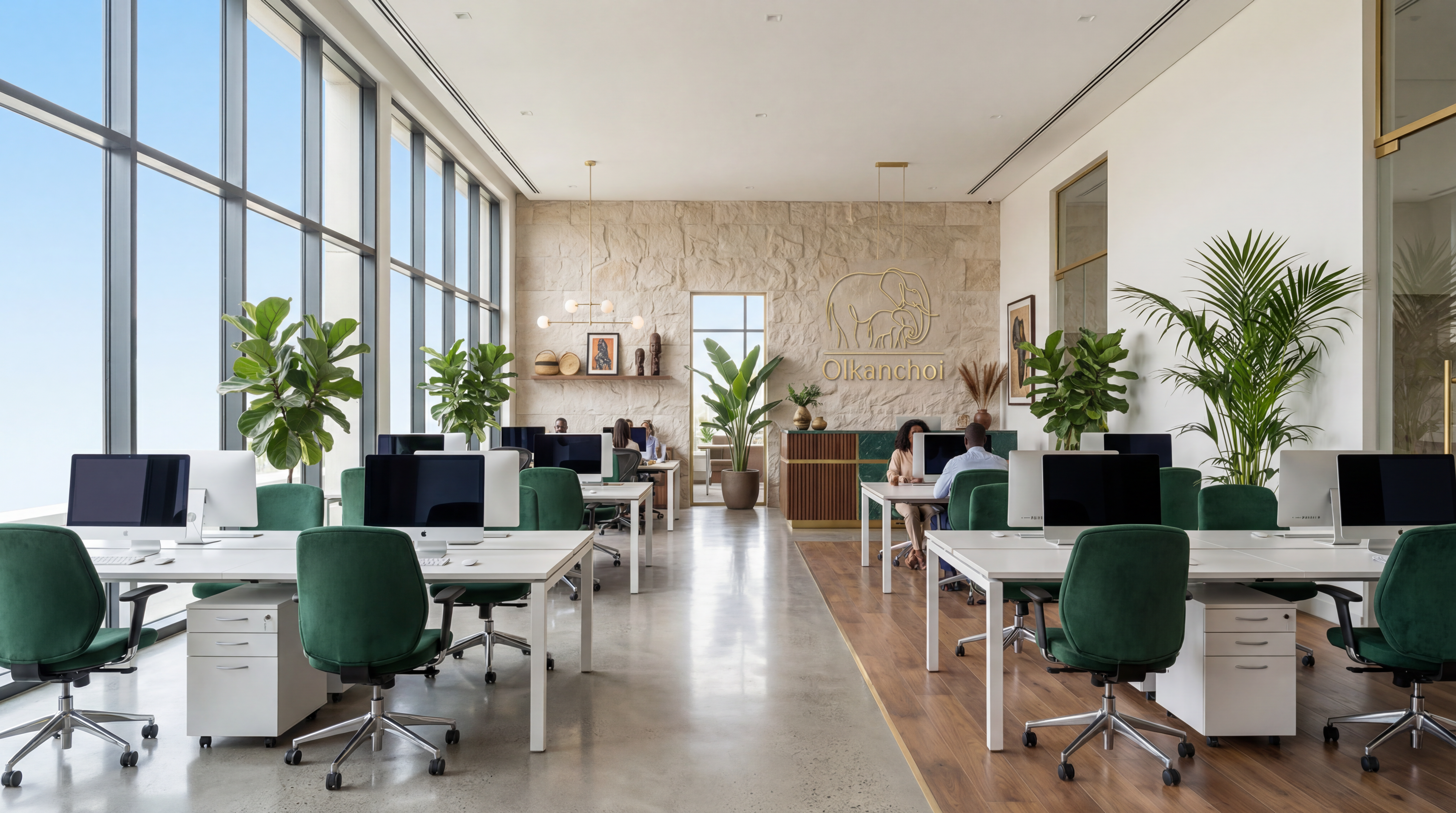 Olkanchoi open-plan office — green chairs, stone wall and branded logo mural