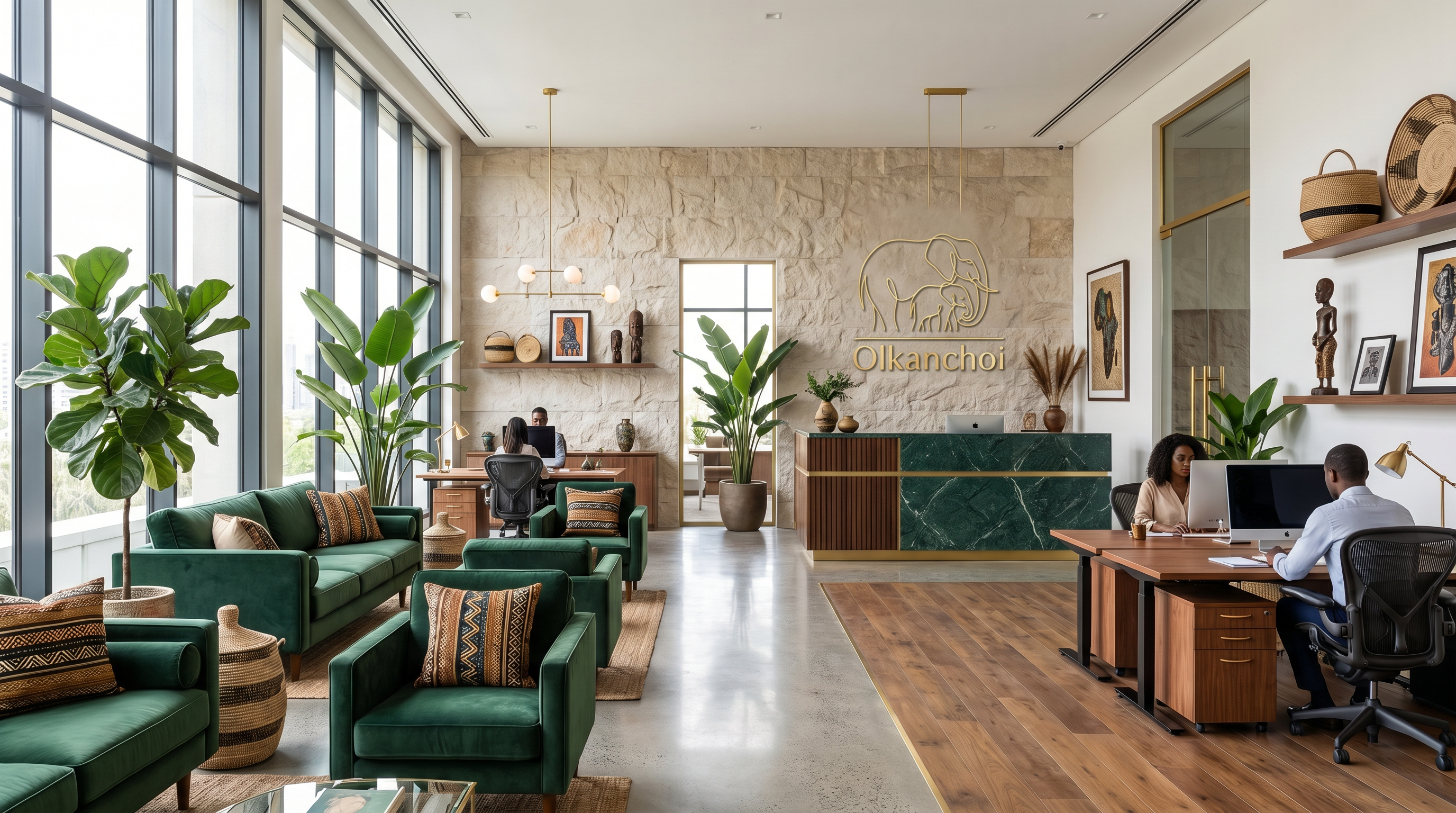 Olkanchoi Nairobi reception — green velvet sofas, African art and a stone-clad feature wall